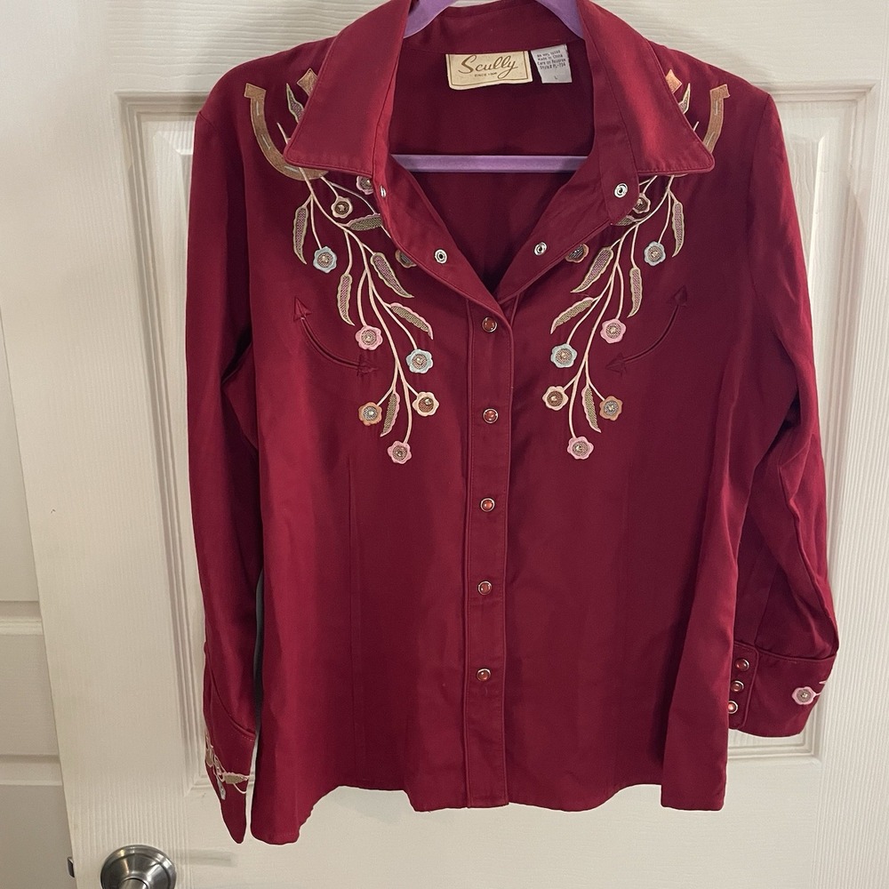 Scully Women's Western Shirt Embellished Horseshoes Flowers L Pearl Snap PL-734